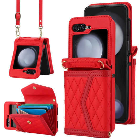 For Samsung Galaxy Z Flip5 Splicing Rhombic Texture Phone Case with Long & Short Lanyard, Not Included Pen(Red) - Galaxy Z Flip5 Cases by buy2fix | Online Shopping UK | buy2fix