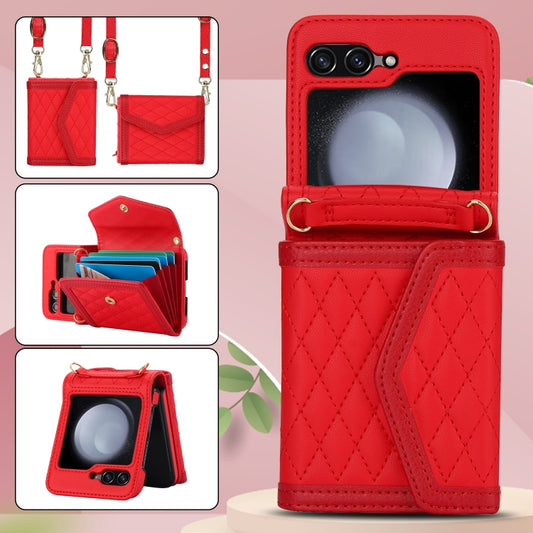 For Samsung Galaxy Z Flip5 Splicing Rhombic Texture Phone Case with Long & Short Lanyard, Not Included Pen(Red) - Galaxy Z Flip5 Cases by buy2fix | Online Shopping UK | buy2fix