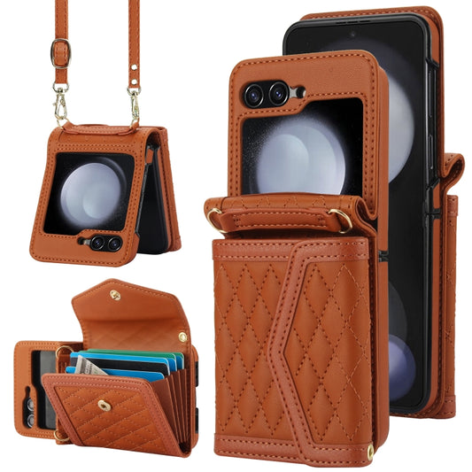 For Samsung Galaxy Z Flip5 Splicing Rhombic Texture Phone Case with Long & Short Lanyard, Not Included Pen(Brown) - Galaxy Z Flip5 Cases by buy2fix | Online Shopping UK | buy2fix