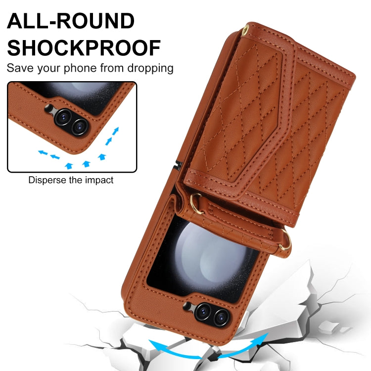 For Samsung Galaxy Z Flip5 Splicing Rhombic Texture Phone Case with Long & Short Lanyard, Not Included Pen(Brown) - Galaxy Z Flip5 Cases by buy2fix | Online Shopping UK | buy2fix