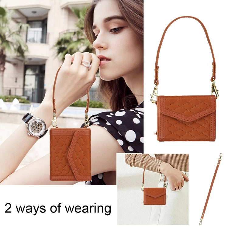 For Samsung Galaxy Z Flip5 Splicing Rhombic Texture Phone Case with Long & Short Lanyard, Not Included Pen(Brown) - Galaxy Z Flip5 Cases by buy2fix | Online Shopping UK | buy2fix