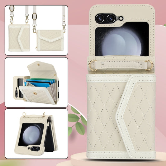 For Samsung Galaxy Z Flip6 / Flip7 FE Splicing Rhombic Texture Phone Case with Long & Short Lanyard, Not Included Pen(Beige) - Galaxy Z Flip6 5G Cases by buy2fix | Online Shopping UK | buy2fix