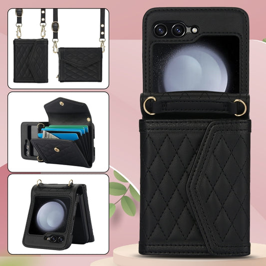 For Samsung Galaxy Z Flip6 Splicing Rhombic Texture Phone Case with Long & Short Lanyard, Not Included Pen(Black) - Galaxy Z Flip6 5G Cases by buy2fix | Online Shopping UK | buy2fix