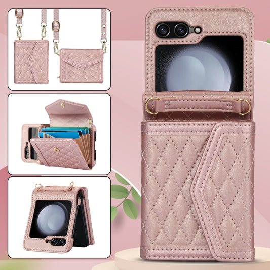 For Samsung Galaxy Z Flip6 / Flip7 FE Splicing Rhombic Texture Phone Case with Long & Short Lanyard, Not Included Pen(Rose Gold) - Galaxy Z Flip6 5G Cases by buy2fix | Online Shopping UK | buy2fix