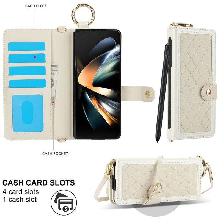 For Samsung Galaxy Z Fold4 Splicing Rhombic Texture Phone Case with Long & Short Lanyard, Not Included Pen(Beige) - Galaxy Z Fold4 5G Cases by buy2fix | Online Shopping UK | buy2fix