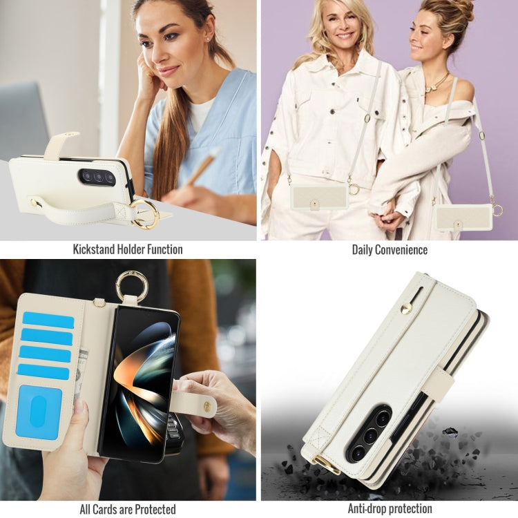 For Samsung Galaxy Z Fold4 Splicing Rhombic Texture Phone Case with Long & Short Lanyard, Not Included Pen(Beige) - Galaxy Z Fold4 5G Cases by buy2fix | Online Shopping UK | buy2fix