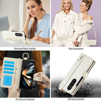For Samsung Galaxy Z Fold4 Splicing Rhombic Texture Phone Case with Long & Short Lanyard, Not Included Pen(Beige) - Galaxy Z Fold4 5G Cases by buy2fix | Online Shopping UK | buy2fix