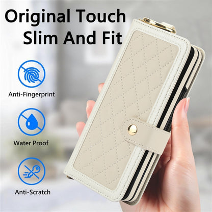 For Samsung Galaxy Z Fold4 Splicing Rhombic Texture Phone Case with Long & Short Lanyard, Not Included Pen(Beige) - Galaxy Z Fold4 5G Cases by buy2fix | Online Shopping UK | buy2fix