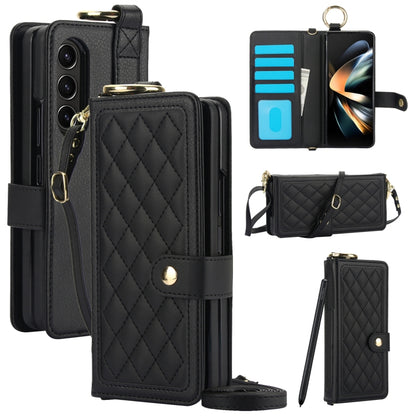 For Samsung Galaxy Z Fold4 Splicing Rhombic Texture Phone Case with Long & Short Lanyard, Not Included Pen(Black) - Galaxy Z Fold4 5G Cases by buy2fix | Online Shopping UK | buy2fix