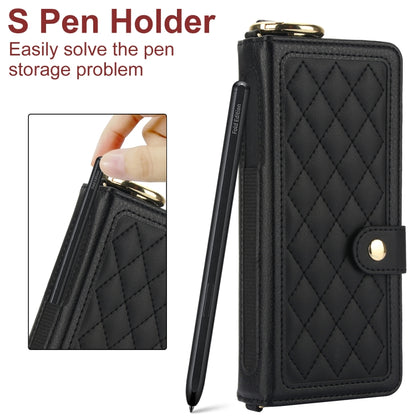 For Samsung Galaxy Z Fold4 Splicing Rhombic Texture Phone Case with Long & Short Lanyard, Not Included Pen(Black) - Galaxy Z Fold4 5G Cases by buy2fix | Online Shopping UK | buy2fix