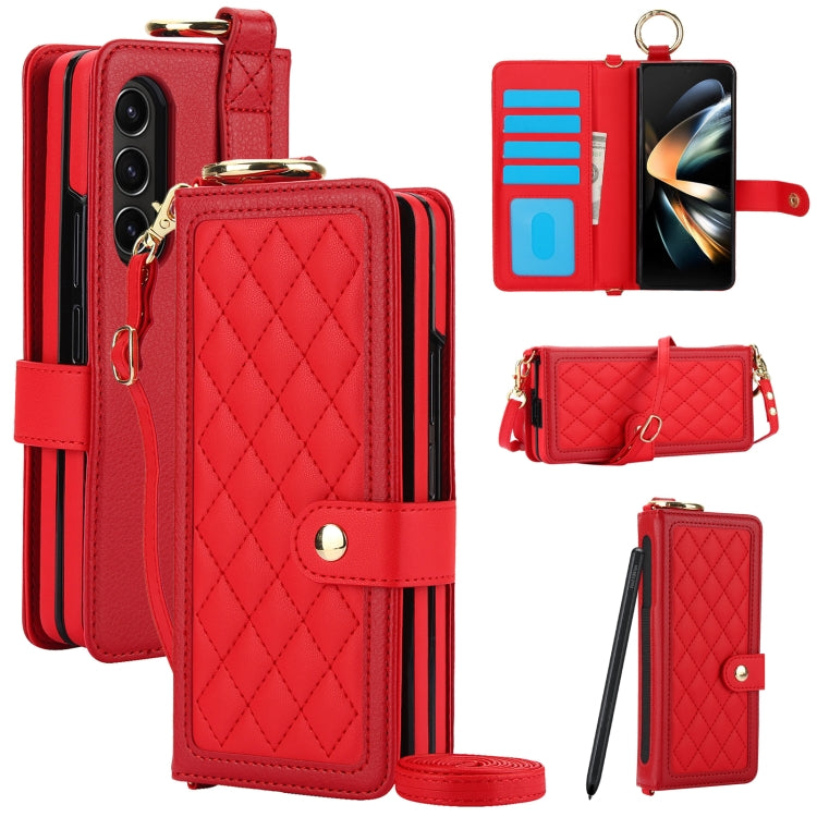 For Samsung Galaxy Z Fold4 Splicing Rhombic Texture Phone Case with Long & Short Lanyard, Not Included Pen(Red) - Galaxy Z Fold4 5G Cases by buy2fix | Online Shopping UK | buy2fix
