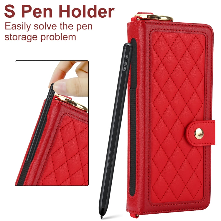 For Samsung Galaxy Z Fold4 Splicing Rhombic Texture Phone Case with Long & Short Lanyard, Not Included Pen(Red) - Galaxy Z Fold4 5G Cases by buy2fix | Online Shopping UK | buy2fix