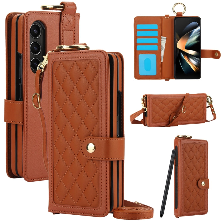 For Samsung Galaxy Z Fold4 Splicing Rhombic Texture Phone Case with Long & Short Lanyard, Not Included Pen(Brown) - Galaxy Z Fold4 5G Cases by buy2fix | Online Shopping UK | buy2fix
