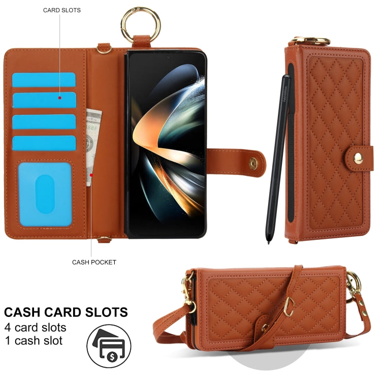 For Samsung Galaxy Z Fold4 Splicing Rhombic Texture Phone Case with Long & Short Lanyard, Not Included Pen(Brown) - Galaxy Z Fold4 5G Cases by buy2fix | Online Shopping UK | buy2fix