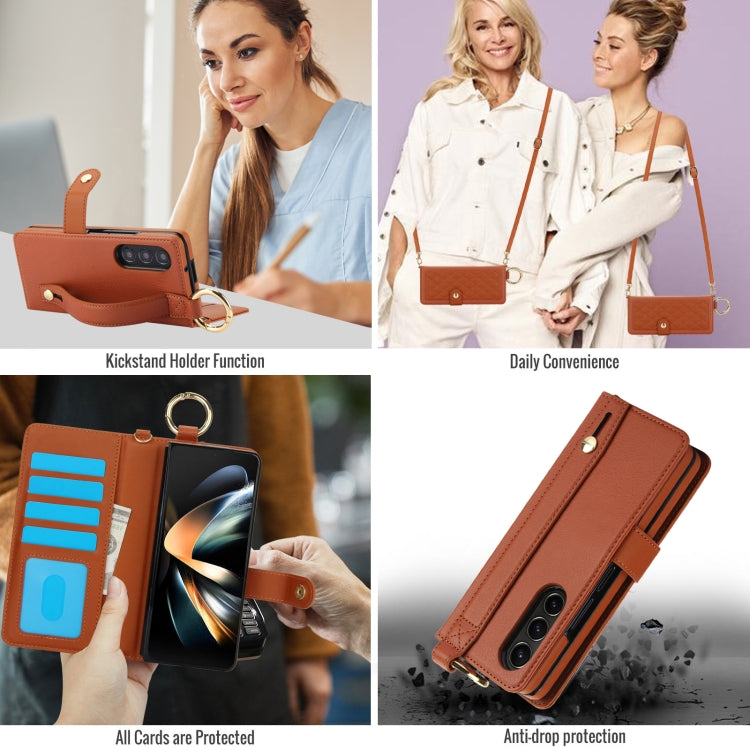 For Samsung Galaxy Z Fold4 Splicing Rhombic Texture Phone Case with Long & Short Lanyard, Not Included Pen(Brown) - Galaxy Z Fold4 5G Cases by buy2fix | Online Shopping UK | buy2fix