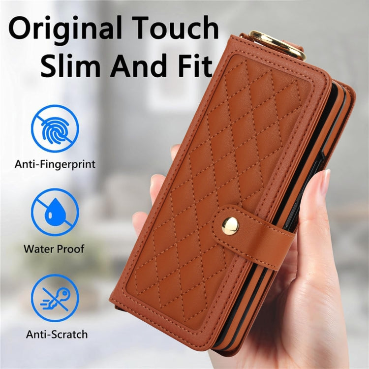 For Samsung Galaxy Z Fold4 Splicing Rhombic Texture Phone Case with Long & Short Lanyard, Not Included Pen(Brown) - Galaxy Z Fold4 5G Cases by buy2fix | Online Shopping UK | buy2fix