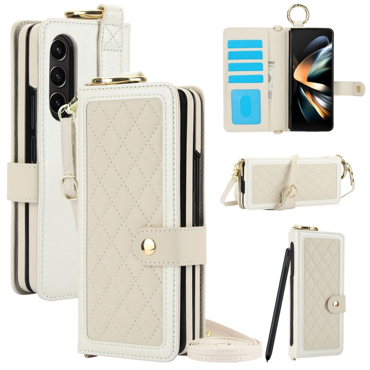For Samsung Galaxy Z Fold3 Splicing Rhombic Texture Phone Case with Long & Short Lanyard, Not Included Pen(Beige) - Galaxy Phone Cases by buy2fix | Online Shopping UK | buy2fix