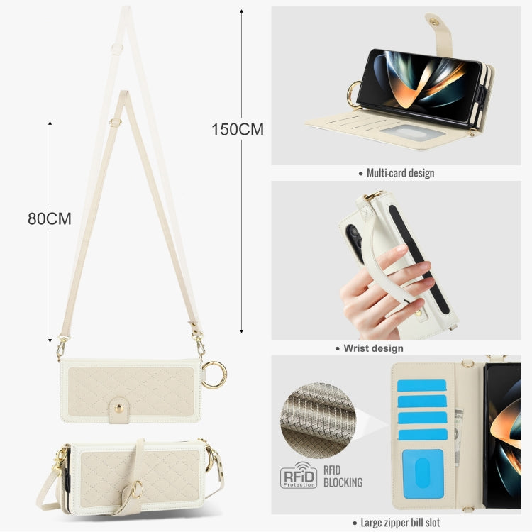 For Samsung Galaxy Z Fold3 Splicing Rhombic Texture Phone Case with Long & Short Lanyard, Not Included Pen(Beige) - Galaxy Phone Cases by buy2fix | Online Shopping UK | buy2fix