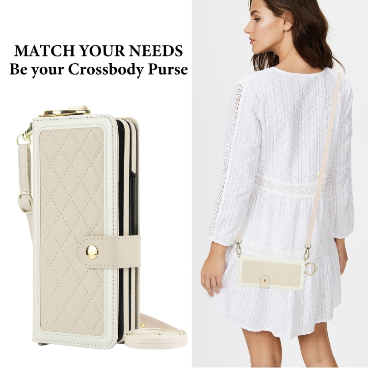 For Samsung Galaxy Z Fold3 Splicing Rhombic Texture Phone Case with Long & Short Lanyard, Not Included Pen(Beige) - Galaxy Phone Cases by buy2fix | Online Shopping UK | buy2fix