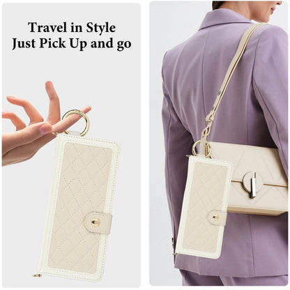 For Samsung Galaxy Z Fold3 Splicing Rhombic Texture Phone Case with Long & Short Lanyard, Not Included Pen(Beige) - Galaxy Phone Cases by buy2fix | Online Shopping UK | buy2fix