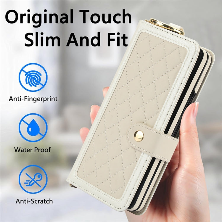 For Samsung Galaxy Z Fold3 Splicing Rhombic Texture Phone Case with Long & Short Lanyard, Not Included Pen(Beige) - Galaxy Phone Cases by buy2fix | Online Shopping UK | buy2fix