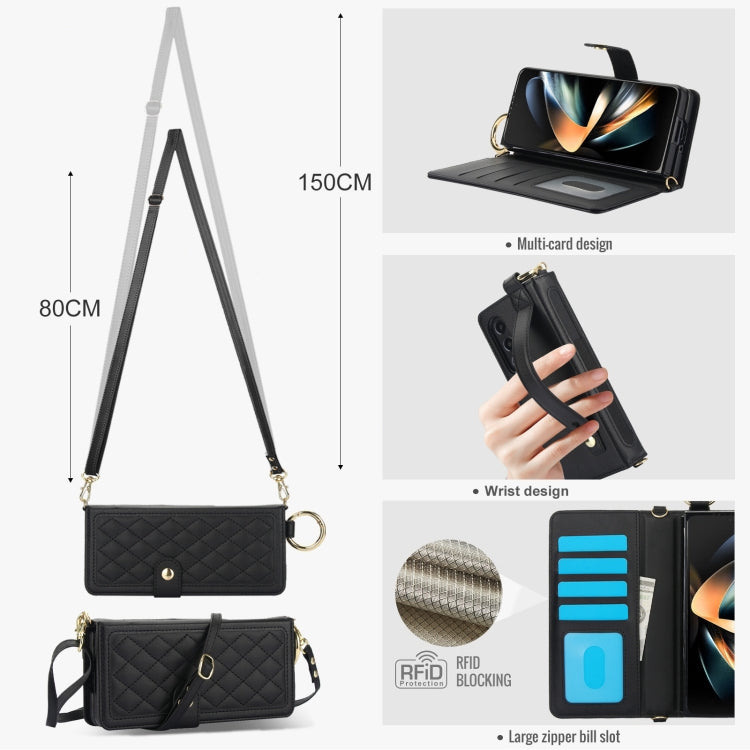 For Samsung Galaxy Z Fold3 Splicing Rhombic Texture Phone Case with Long & Short Lanyard, Not Included Pen(Black) - Galaxy Phone Cases by buy2fix | Online Shopping UK | buy2fix