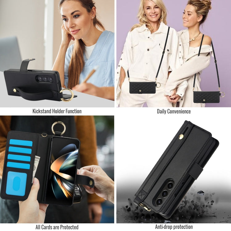 For Samsung Galaxy Z Fold3 Splicing Rhombic Texture Phone Case with Long & Short Lanyard, Not Included Pen(Black) - Galaxy Phone Cases by buy2fix | Online Shopping UK | buy2fix