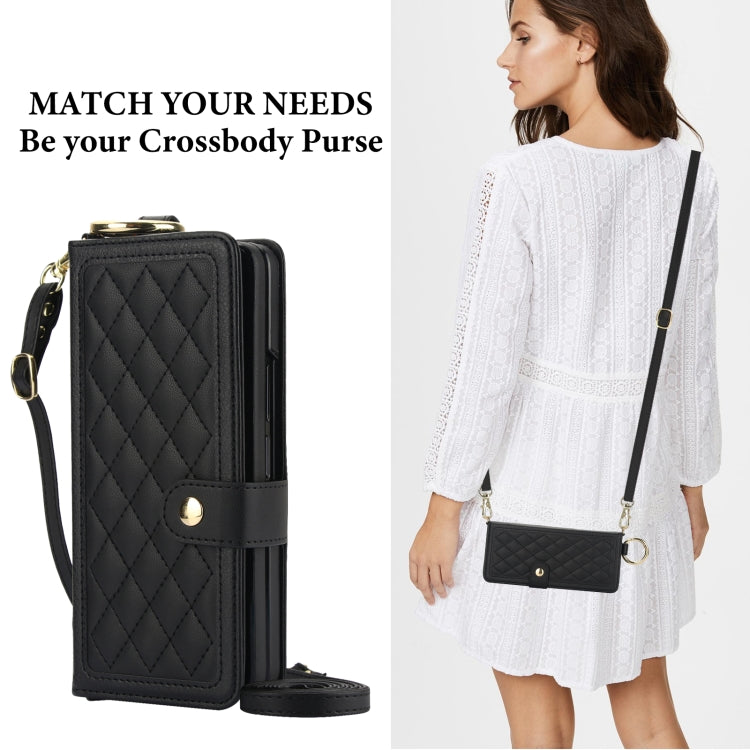 For Samsung Galaxy Z Fold3 Splicing Rhombic Texture Phone Case with Long & Short Lanyard, Not Included Pen(Black) - Galaxy Phone Cases by buy2fix | Online Shopping UK | buy2fix