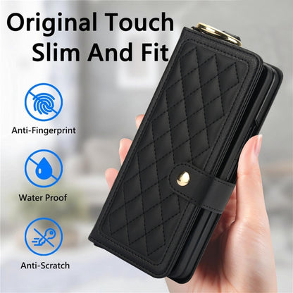 For Samsung Galaxy Z Fold3 Splicing Rhombic Texture Phone Case with Long & Short Lanyard, Not Included Pen(Black) - Galaxy Phone Cases by buy2fix | Online Shopping UK | buy2fix