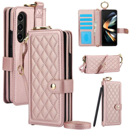 For Samsung Galaxy Z Fold3 Splicing Rhombic Texture Phone Case with Long & Short Lanyard, Not Included Pen(Rose Gold) - Galaxy Phone Cases by buy2fix | Online Shopping UK | buy2fix