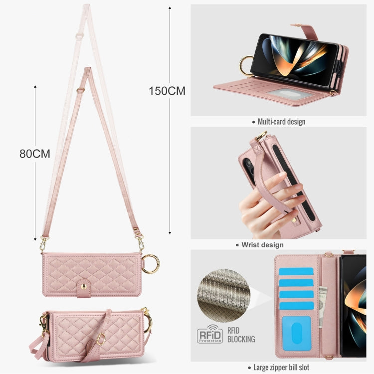 For Samsung Galaxy Z Fold3 Splicing Rhombic Texture Phone Case with Long & Short Lanyard, Not Included Pen(Rose Gold) - Galaxy Phone Cases by buy2fix | Online Shopping UK | buy2fix