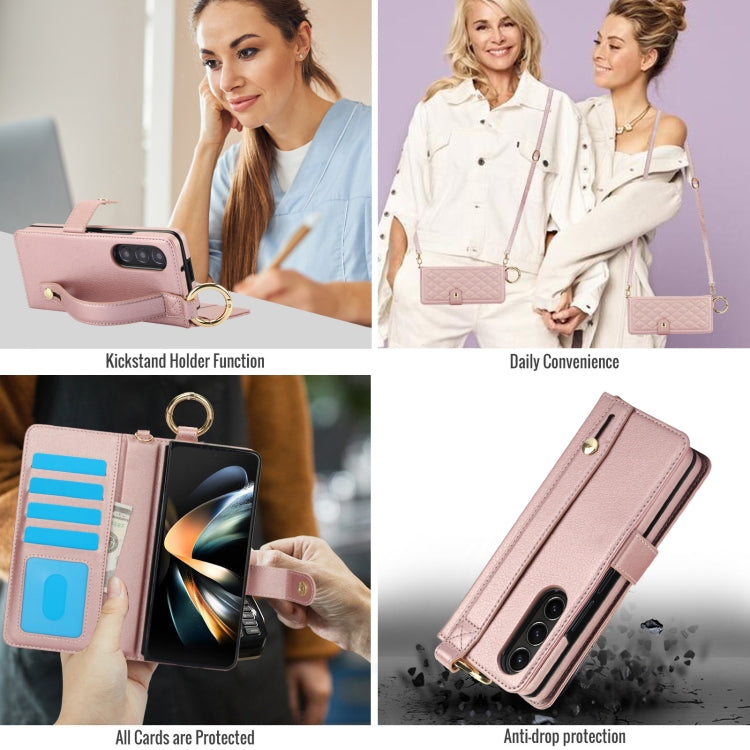 For Samsung Galaxy Z Fold3 Splicing Rhombic Texture Phone Case with Long & Short Lanyard, Not Included Pen(Rose Gold) - Galaxy Phone Cases by buy2fix | Online Shopping UK | buy2fix