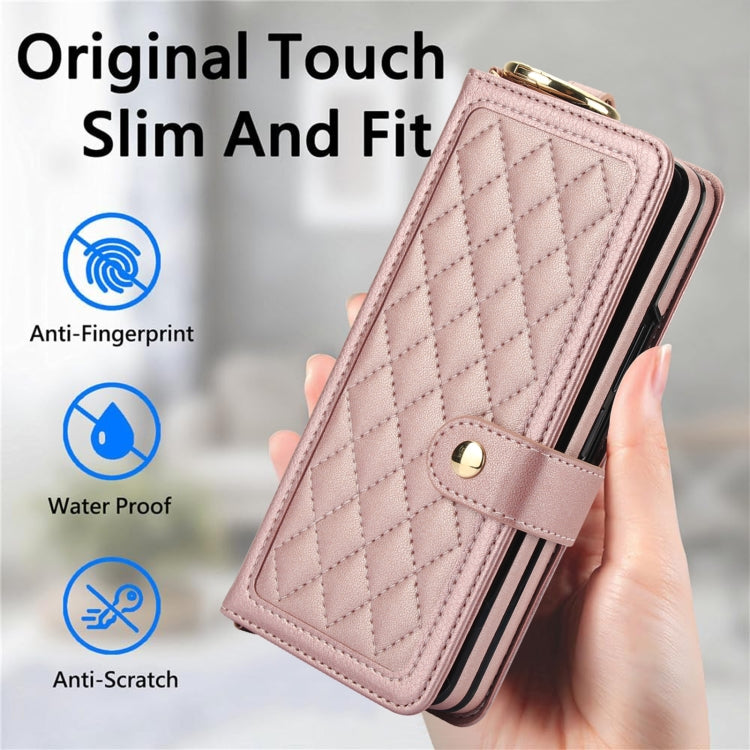For Samsung Galaxy Z Fold3 Splicing Rhombic Texture Phone Case with Long & Short Lanyard, Not Included Pen(Rose Gold) - Galaxy Phone Cases by buy2fix | Online Shopping UK | buy2fix