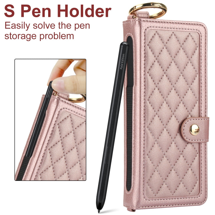 For Samsung Galaxy Z Fold3 Splicing Rhombic Texture Phone Case with Long & Short Lanyard, Not Included Pen(Rose Gold) - Galaxy Phone Cases by buy2fix | Online Shopping UK | buy2fix