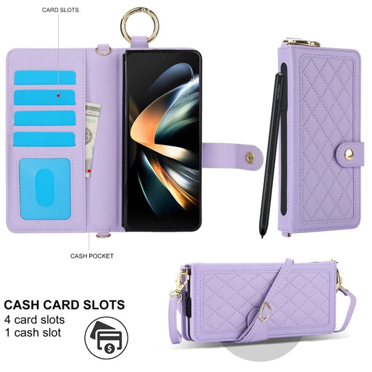 For Samsung Galaxy Z Fold3 Splicing Rhombic Texture Phone Case with Long & Short Lanyard, Not Included Pen(Purple) - Galaxy Phone Cases by buy2fix | Online Shopping UK | buy2fix