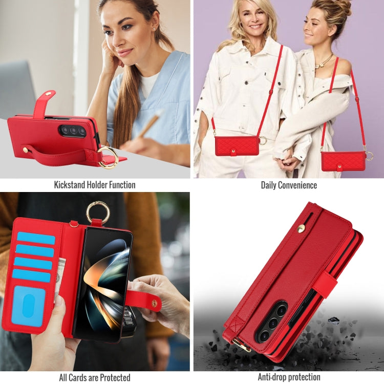 For Samsung Galaxy Z Fold3 Splicing Rhombic Texture Phone Case with Long & Short Lanyard, Not Included Pen(Red) - Galaxy Phone Cases by buy2fix | Online Shopping UK | buy2fix