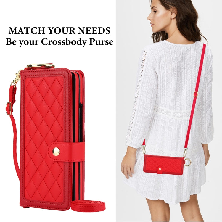 For Samsung Galaxy Z Fold3 Splicing Rhombic Texture Phone Case with Long & Short Lanyard, Not Included Pen(Red) - Galaxy Phone Cases by buy2fix | Online Shopping UK | buy2fix