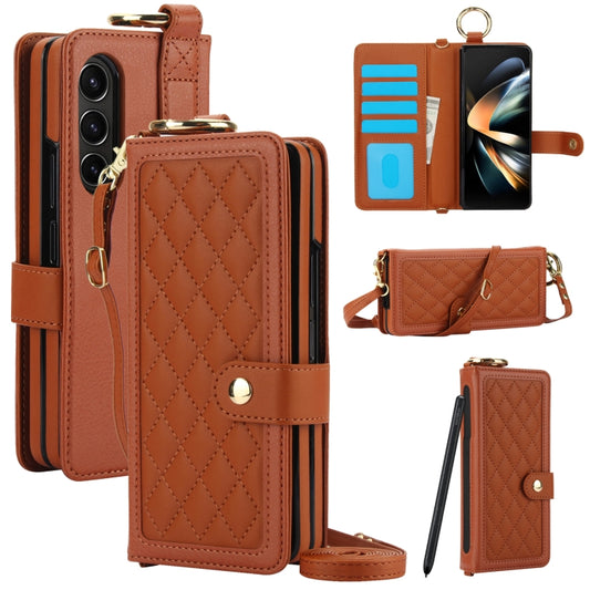For Samsung Galaxy Z Fold3 Splicing Rhombic Texture Phone Case with Long & Short Lanyard, Not Included Pen(Brown) - Galaxy Phone Cases by buy2fix | Online Shopping UK | buy2fix