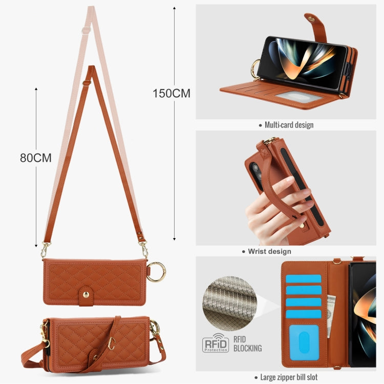 For Samsung Galaxy Z Fold3 Splicing Rhombic Texture Phone Case with Long & Short Lanyard, Not Included Pen(Brown) - Galaxy Phone Cases by buy2fix | Online Shopping UK | buy2fix