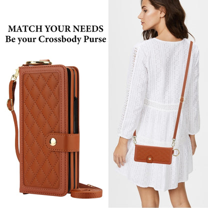 For Samsung Galaxy Z Fold3 Splicing Rhombic Texture Phone Case with Long & Short Lanyard, Not Included Pen(Brown) - Galaxy Phone Cases by buy2fix | Online Shopping UK | buy2fix