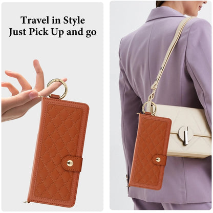 For Samsung Galaxy Z Fold3 Splicing Rhombic Texture Phone Case with Long & Short Lanyard, Not Included Pen(Brown) - Galaxy Phone Cases by buy2fix | Online Shopping UK | buy2fix