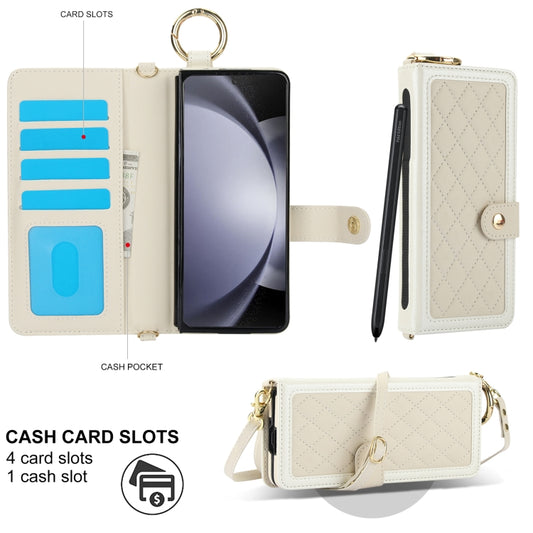 For Samsung Galaxy Z Fold5 Splicing Rhombic Texture Phone Case with Long & Short Lanyard, Not Included Pen(Beige) - Galaxy Z Fold5 Cases by buy2fix | Online Shopping UK | buy2fix