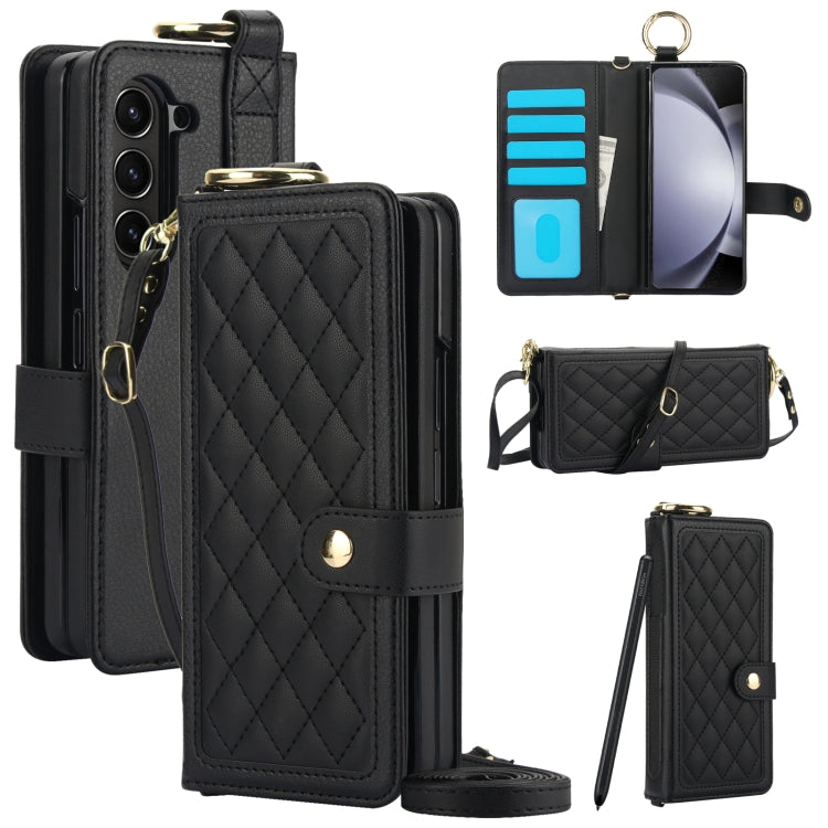 For Samsung Galaxy Z Fold5 Splicing Rhombic Texture Phone Case with Long & Short Lanyard, Not Included Pen(Black) - Galaxy Z Fold5 Cases by buy2fix | Online Shopping UK | buy2fix
