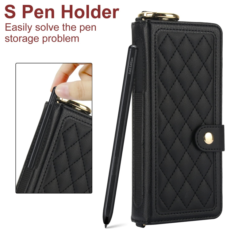 For Samsung Galaxy Z Fold5 Splicing Rhombic Texture Phone Case with Long & Short Lanyard, Not Included Pen(Black) - Galaxy Z Fold5 Cases by buy2fix | Online Shopping UK | buy2fix
