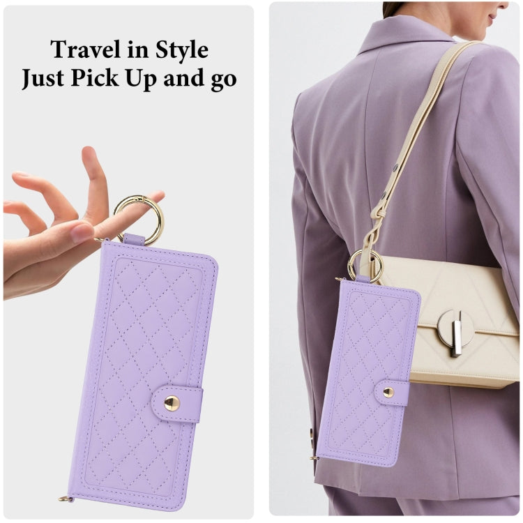 For Samsung Galaxy Z Fold5 Splicing Rhombic Texture Phone Case with Long & Short Lanyard, Not Included Pen(Purple) - Galaxy Z Fold5 Cases by buy2fix | Online Shopping UK | buy2fix