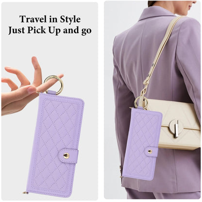 For Samsung Galaxy Z Fold5 Splicing Rhombic Texture Phone Case with Long & Short Lanyard, Not Included Pen(Purple) - Galaxy Z Fold5 Cases by buy2fix | Online Shopping UK | buy2fix