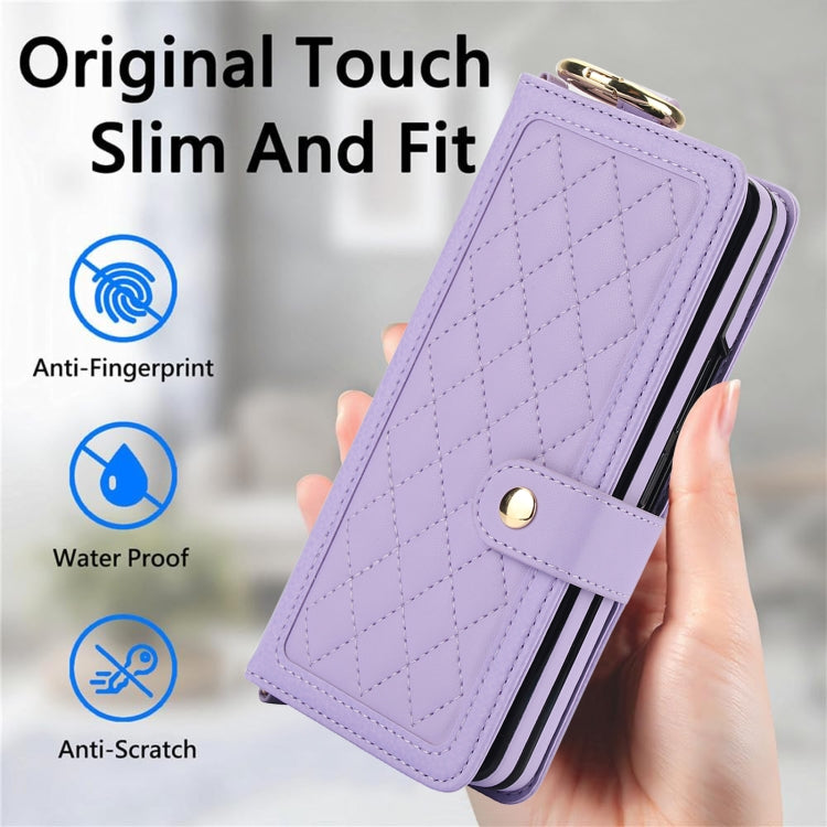 For Samsung Galaxy Z Fold5 Splicing Rhombic Texture Phone Case with Long & Short Lanyard, Not Included Pen(Purple) - Galaxy Z Fold5 Cases by buy2fix | Online Shopping UK | buy2fix