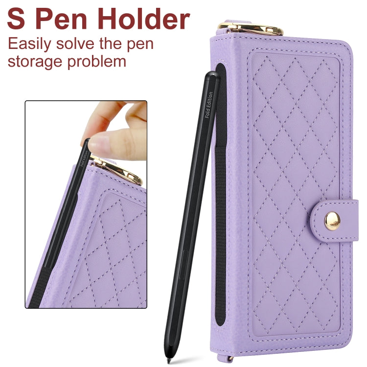 For Samsung Galaxy Z Fold5 Splicing Rhombic Texture Phone Case with Long & Short Lanyard, Not Included Pen(Purple) - Galaxy Z Fold5 Cases by buy2fix | Online Shopping UK | buy2fix