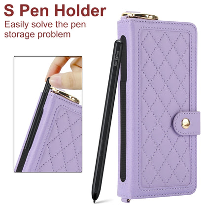 For Samsung Galaxy Z Fold5 Splicing Rhombic Texture Phone Case with Long & Short Lanyard, Not Included Pen(Purple) - Galaxy Z Fold5 Cases by buy2fix | Online Shopping UK | buy2fix