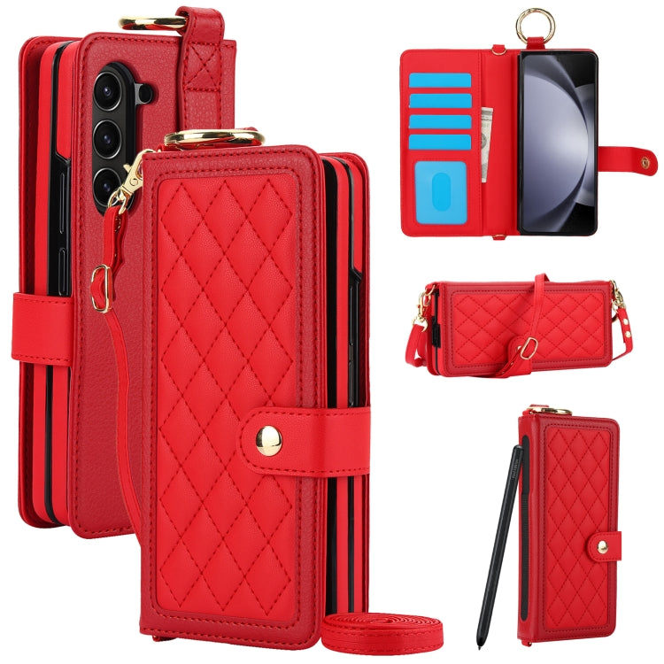 For Samsung Galaxy Z Fold5 Splicing Rhombic Texture Phone Case with Long & Short Lanyard, Not Included Pen(Red) - Galaxy Z Fold5 Cases by buy2fix | Online Shopping UK | buy2fix